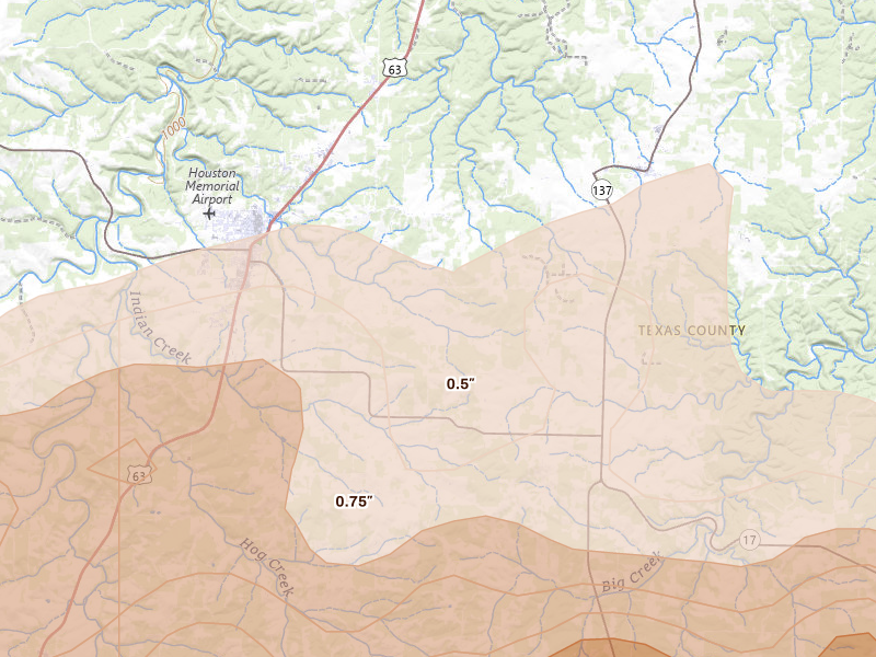 Radar-estimated hail-size map of the storm over Houston, MO on Apr 27, 2026