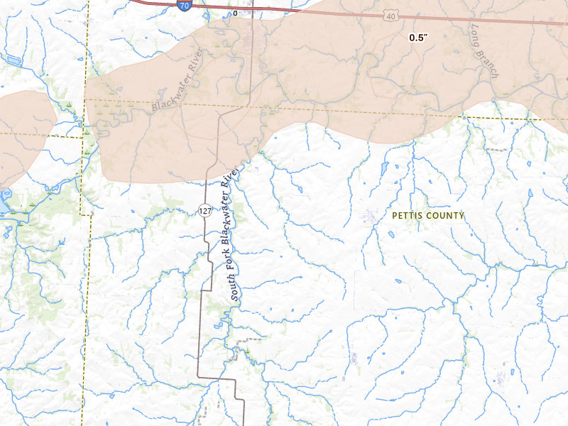 Radar-estimated hail-size map of the storm over Houstonia, MO on Apr 27, 2026
