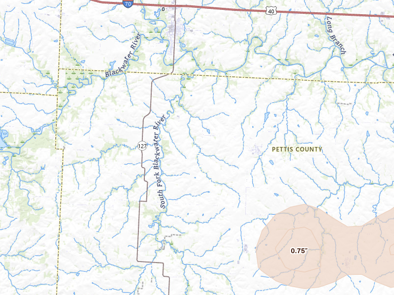 Radar-estimated hail-size map of the storm over Houstonia, MO on May 30, 2026