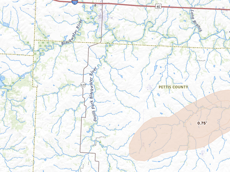 Radar-estimated hail-size map of the storm over Houstonia, MO on May 31, 2026
