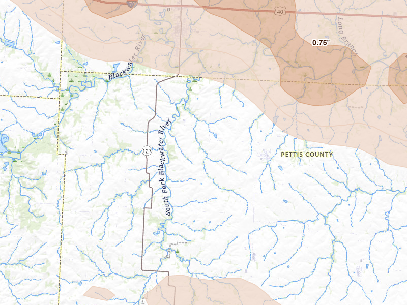 Radar-estimated hail-size map of the storm over Houstonia, MO on Jun 17, 2026