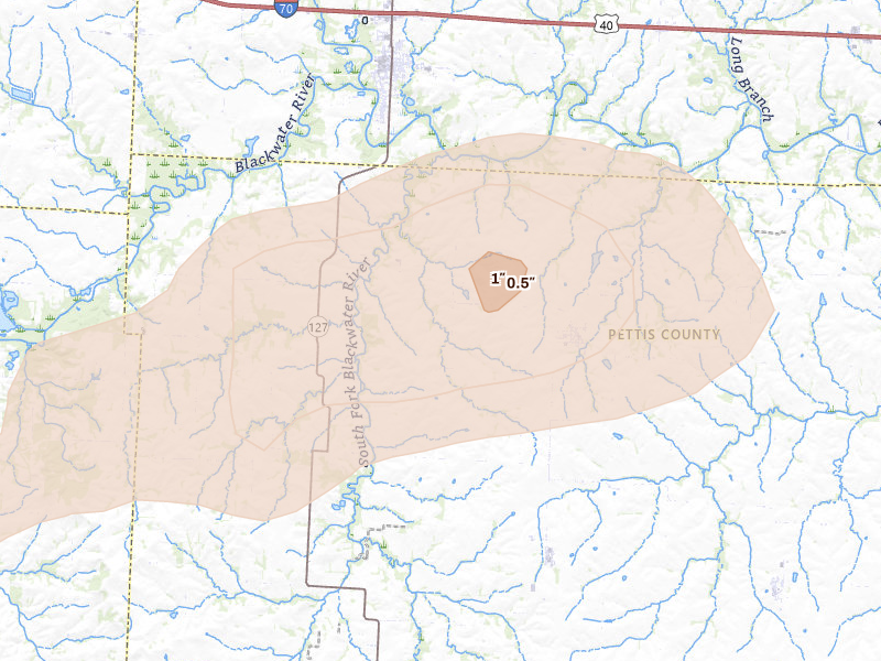 Radar-estimated hail-size map of the storm over Houstonia, MO on Jul 10, 2026