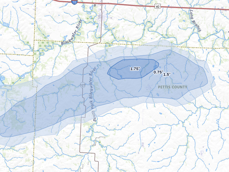 NEXRAD radar-signature map of the hail storm over Houstonia, MO on Jul 10, 2026