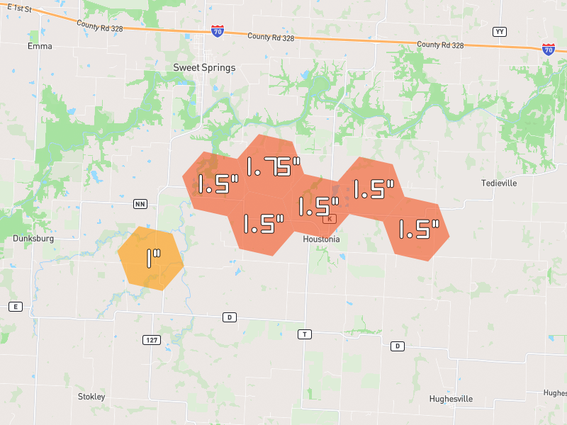 Hail map of Houstonia, MO on Jul 10, 2026, hail up to 1.75"