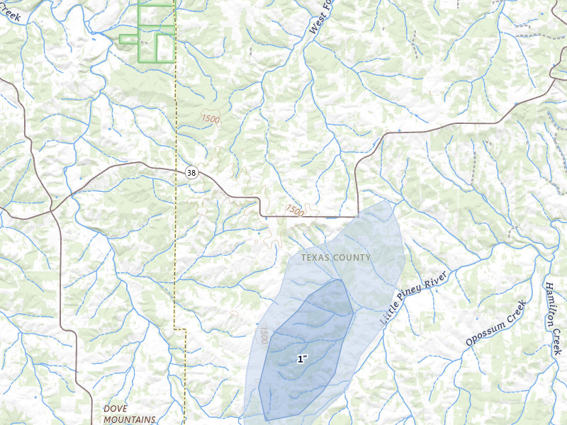 NEXRAD radar-signature map of the hail storm over Huggins, MO on Jul 6, 2026