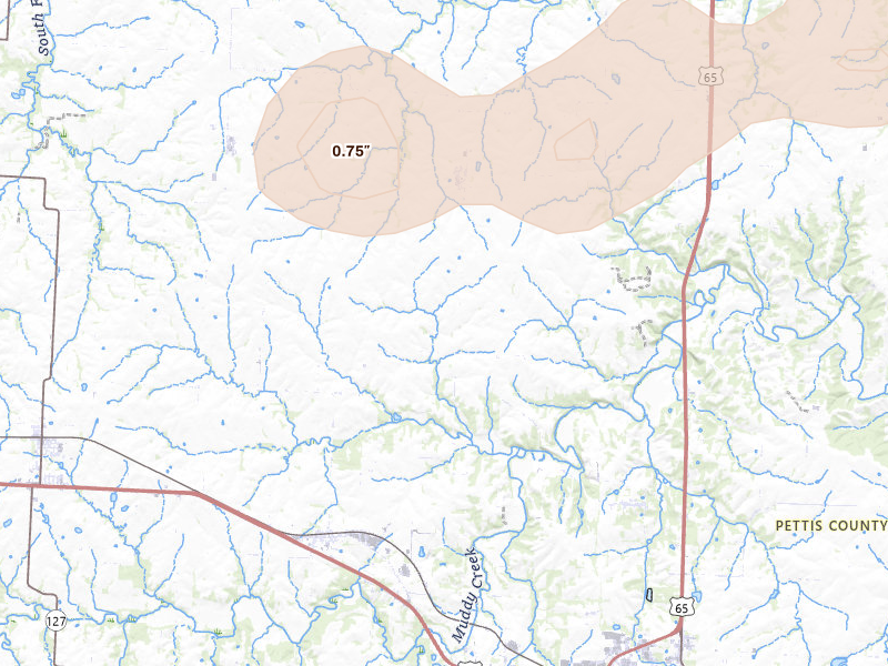 Radar-estimated hail-size map of the storm over Hughesville, MO on May 30, 2026