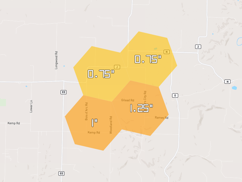 Hail map of Hughesville, MO on Jun 7, 2026, hail up to 1.25"