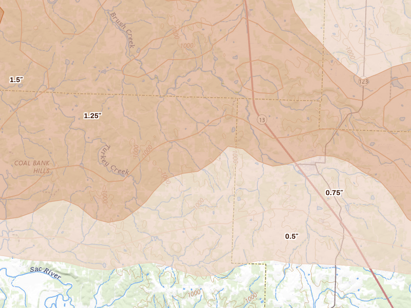 Radar-estimated hail-size map of the storm over Humansville, MO on Apr 26, 2026