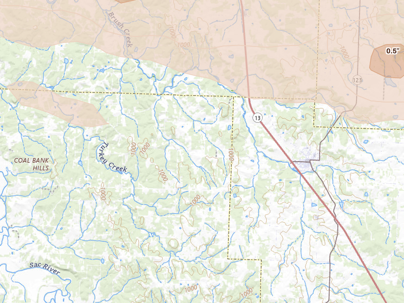 Radar-estimated hail-size map of the storm over Humansville, MO on Jun 17, 2026