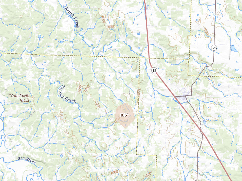 Radar-estimated hail-size map of the storm over Humansville, MO on Jul 5, 2026