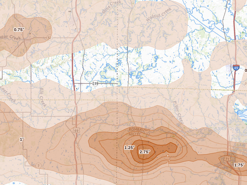 Radar-estimated hail-size map of the storm over Hume, MO on Apr 26, 2026
