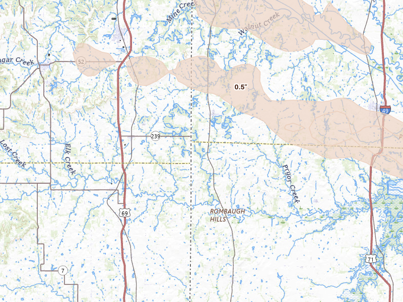 Radar-estimated hail-size map of the storm over Hume, MO on Jun 17, 2026