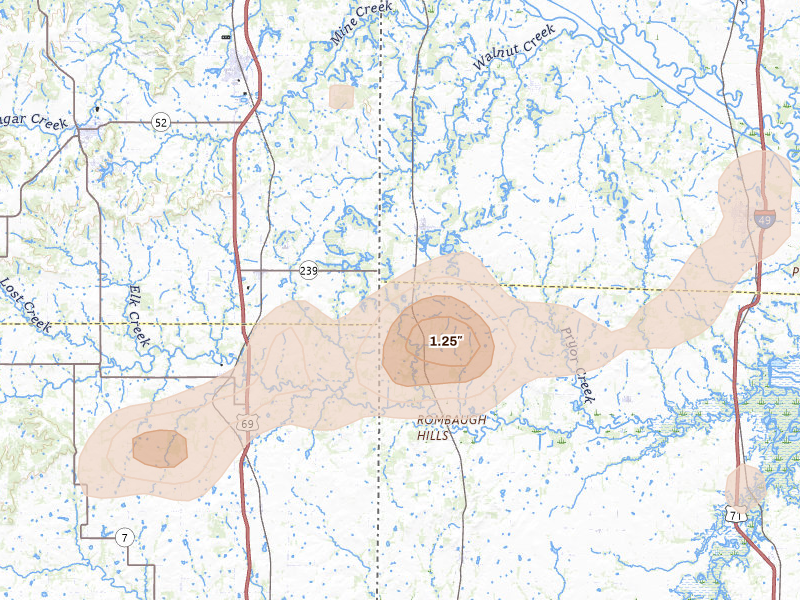 Radar-estimated hail-size map of the storm over Hume, MO on Jul 4, 2026