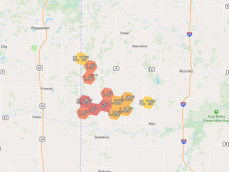 Hail map of Hume, MO on Jul 4, 2026, hail up to 2.25"