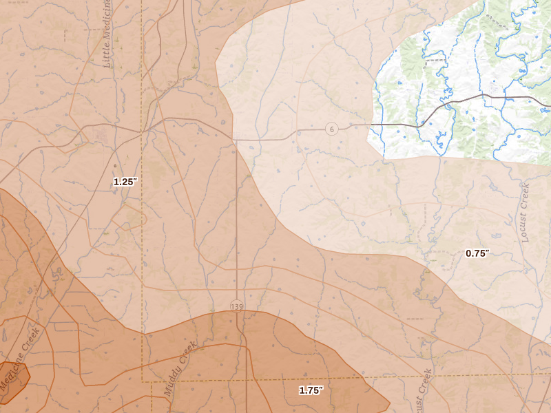 Radar-estimated hail-size map of the storm over Humphreys, MO on May 16, 2026