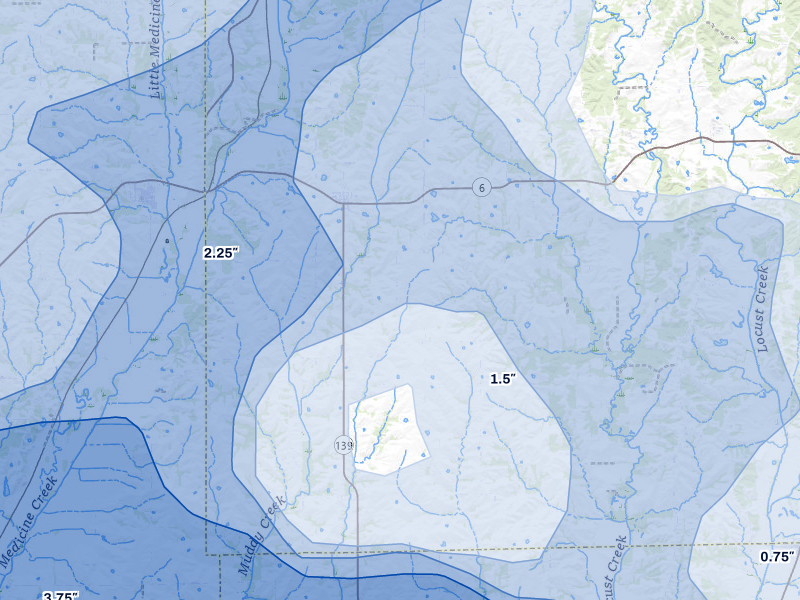 NEXRAD radar-signature map of the hail storm over Humphreys, MO on May 16, 2026
