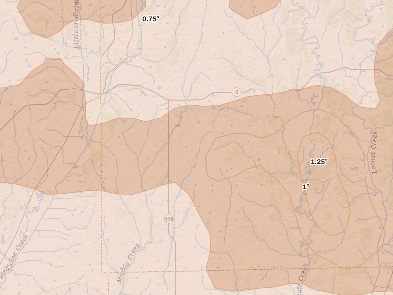 Radar-estimated hail-size map of the storm over Humphreys, MO on Jun 10, 2026