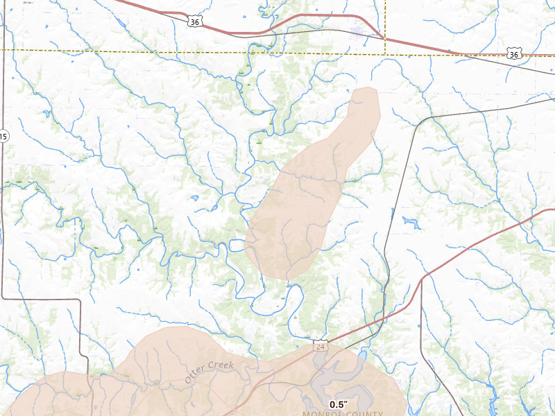 Radar-estimated hail-size map of the storm over Hunnewell, MO on Jun 10, 2026