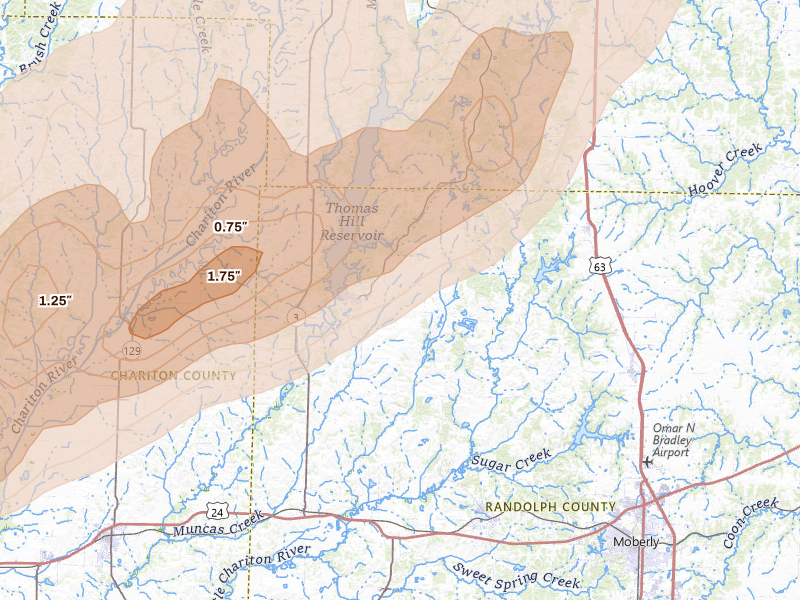 Radar-estimated hail-size map of the storm over Huntsville, MO on Apr 26, 2026