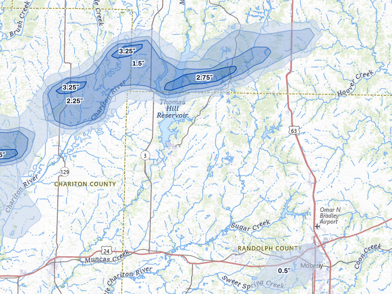 NEXRAD radar-signature map of the hail over Huntsville, MO