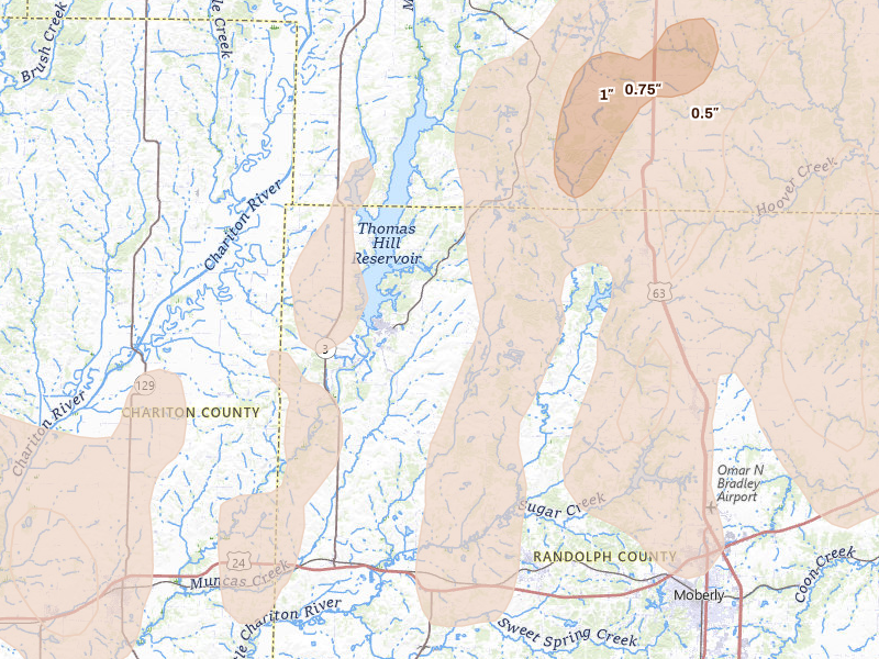 Radar-estimated hail-size map of the storm over Huntsville, MO on Apr 27, 2026