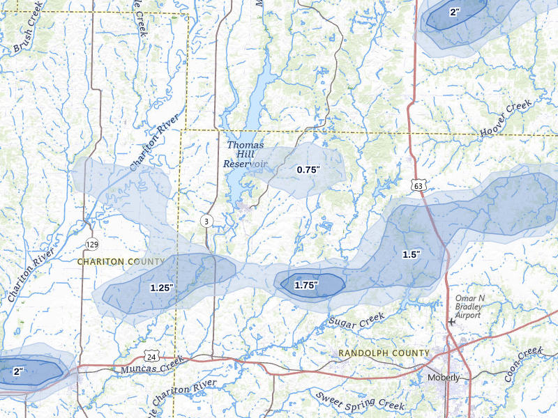 NEXRAD radar-signature map of the hail over Huntsville, MO