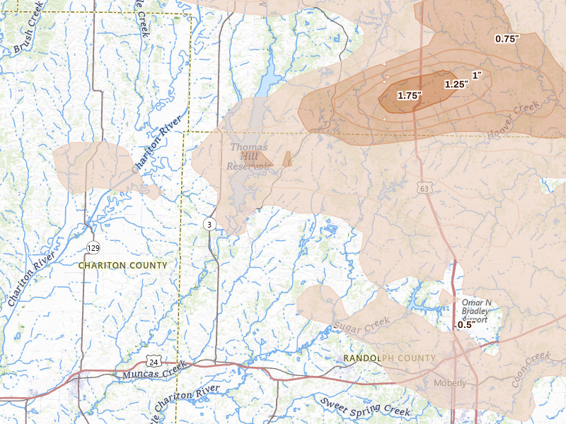 Radar-estimated hail-size map of the storm over Huntsville, MO on May 4, 2026