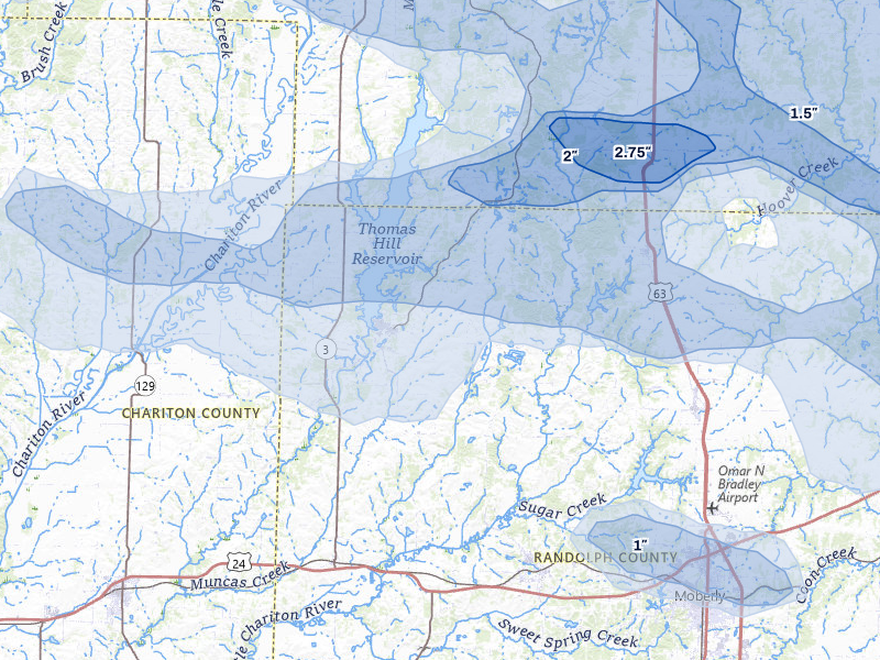 NEXRAD radar-signature map of the hail storm over Huntsville, MO on May 4, 2026