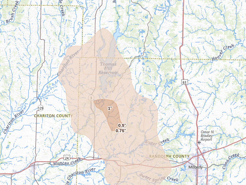Radar-estimated hail-size map of the storm over Huntsville, MO on Jul 20, 2026