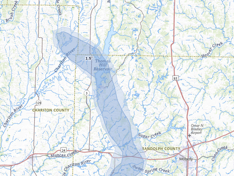 NEXRAD radar-signature map of the hail storm over Huntsville, MO on Jul 20, 2026