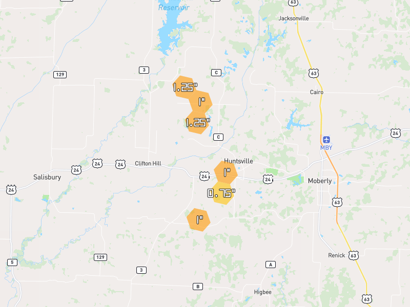 Hail map of Huntsville, MO on Jul 21, 2026, hail up to 1.25"