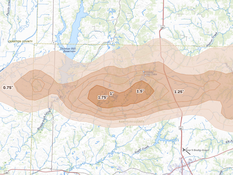 Radar-estimated hail-size map of the storm over Huntsville, MO