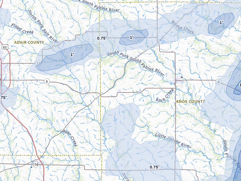 NEXRAD radar-signature map of the hail over Hurdland, MO