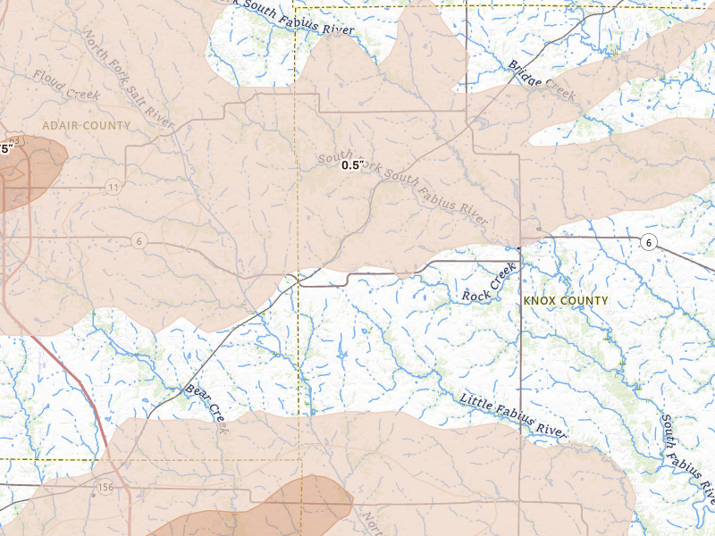 Radar-estimated hail-size map of the storm over Hurdland, MO on Jun 11, 2026