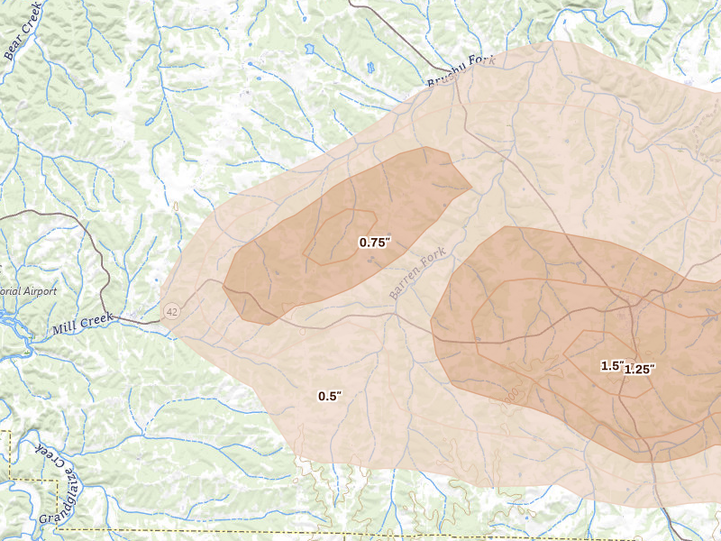 Radar-estimated hail-size map of the storm over Iberia, MO