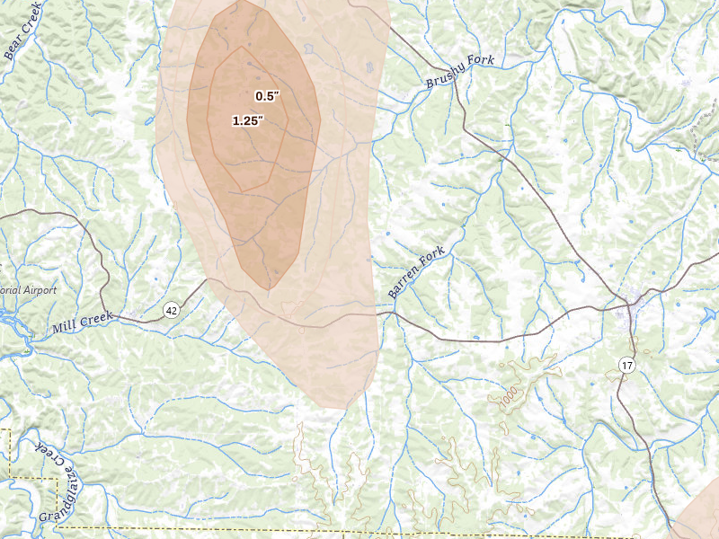 Radar-estimated hail-size map of the storm over Iberia, MO on Jul 2, 2026