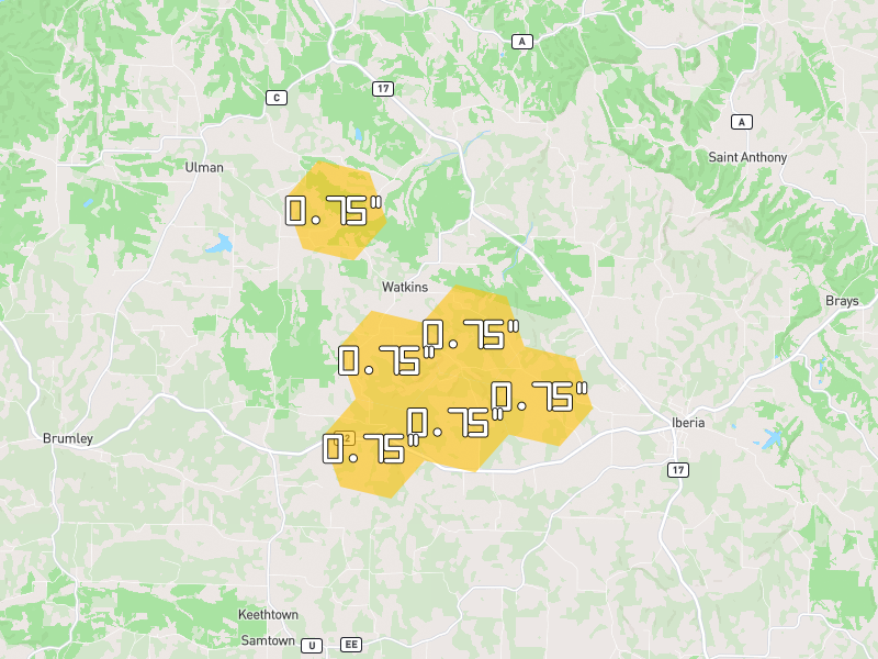 Hail map of Iberia, MO on Jul 9, 2026, hail up to 0.75"