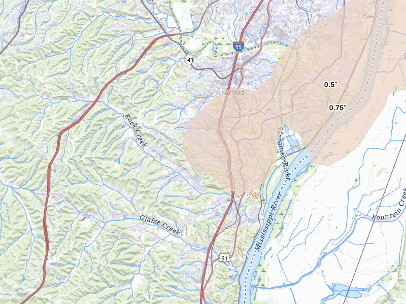 Radar-estimated hail-size map of the storm over Imperial, MO on May 18, 2026