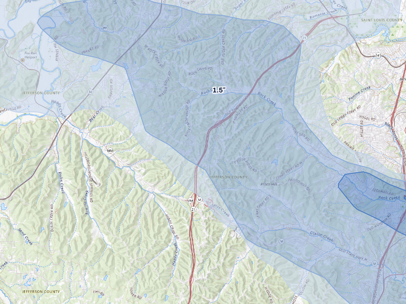 NEXRAD radar-signature map of the hail storm over Imperial, MO on Aug 16, 2026