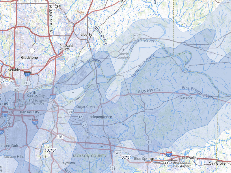 NEXRAD radar-signature map of the hail over Independence, MO