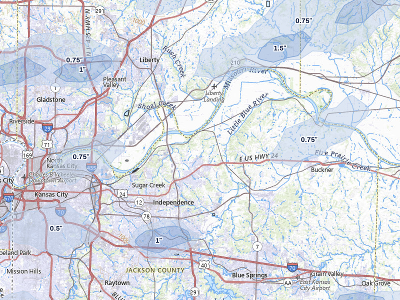 NEXRAD radar-signature map of the hail over Independence, MO
