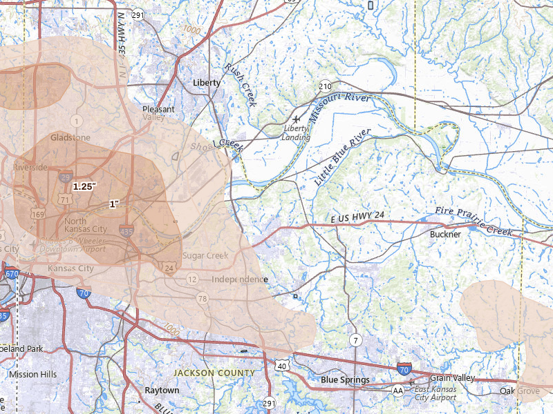Radar-estimated hail-size map of the storm over Independence, MO on May 31, 2026