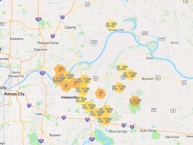 Hail map of Independence, MO on Jun 1, 2026, hail up to 1.25"