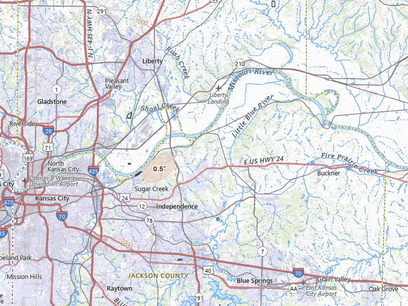 Radar-estimated hail-size map of the storm over Independence, MO on Jun 25, 2026
