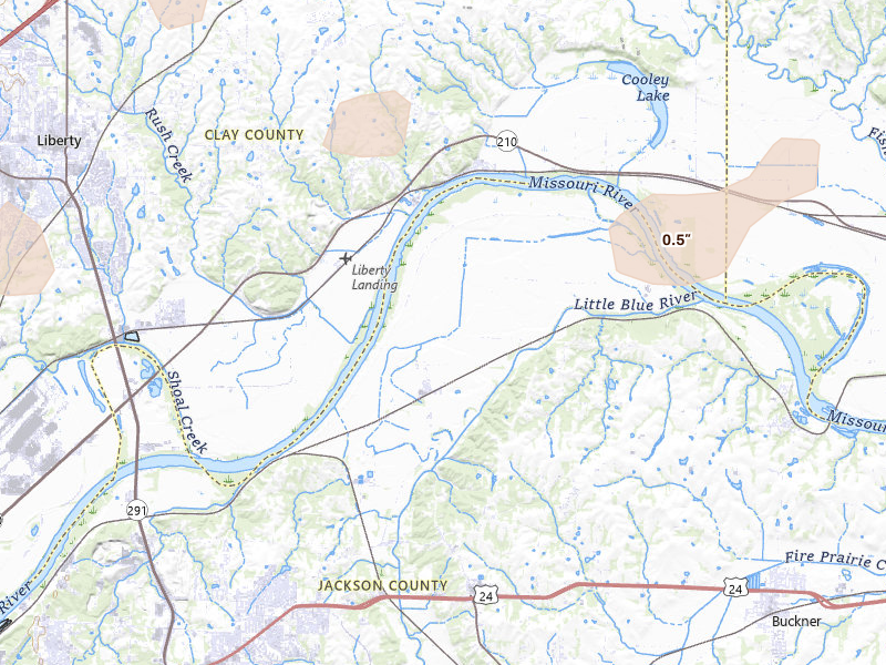 Radar-estimated hail-size map of the storm over Independence, MO on Aug 9, 2026