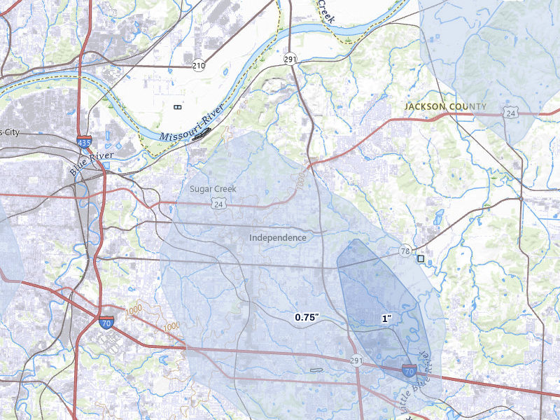 NEXRAD radar-signature map of the hail storm over Independence, MO on Aug 9, 2026