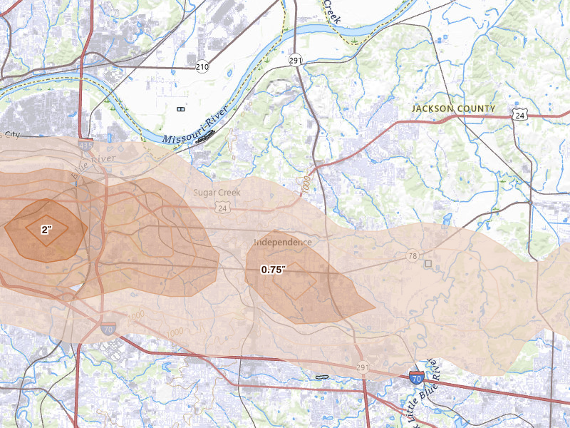Radar-estimated hail-size map of the storm over Independence, MO on Aug 18, 2026