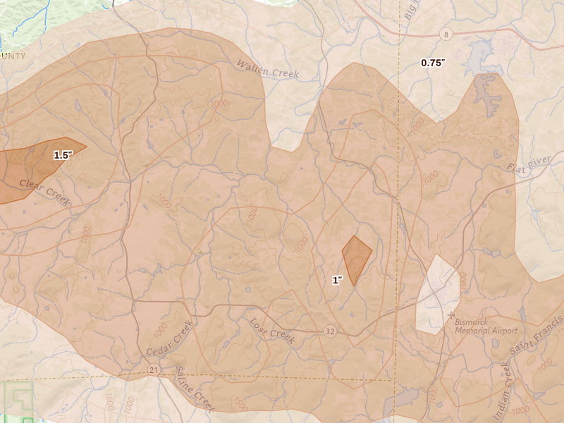 Radar-estimated hail-size map of the storm over Irondale, MO on Apr 26, 2026