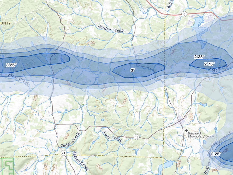 NEXRAD radar-signature map of the hail over Irondale, MO