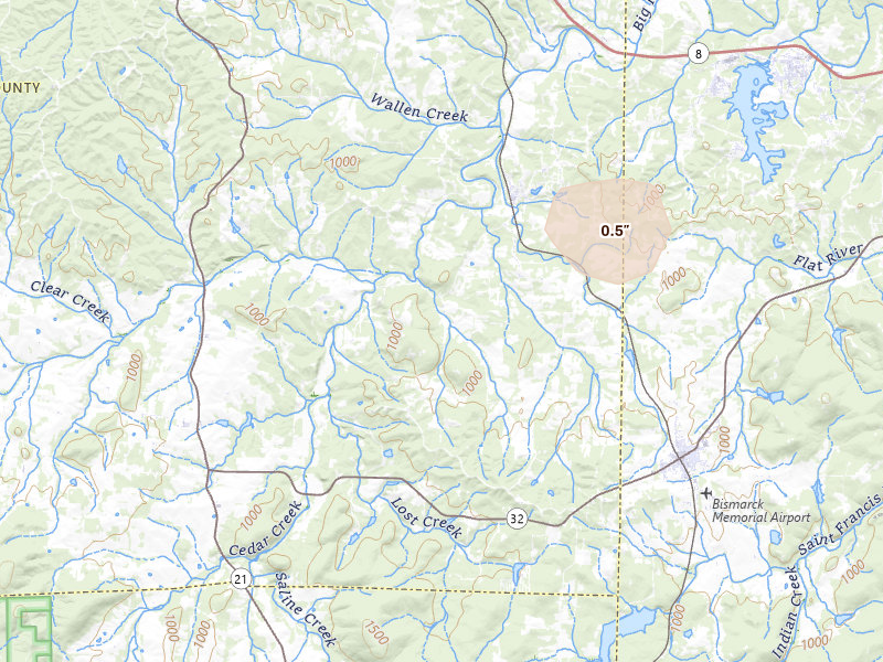 Radar-estimated hail-size map of the storm over Irondale, MO on Jul 4, 2026